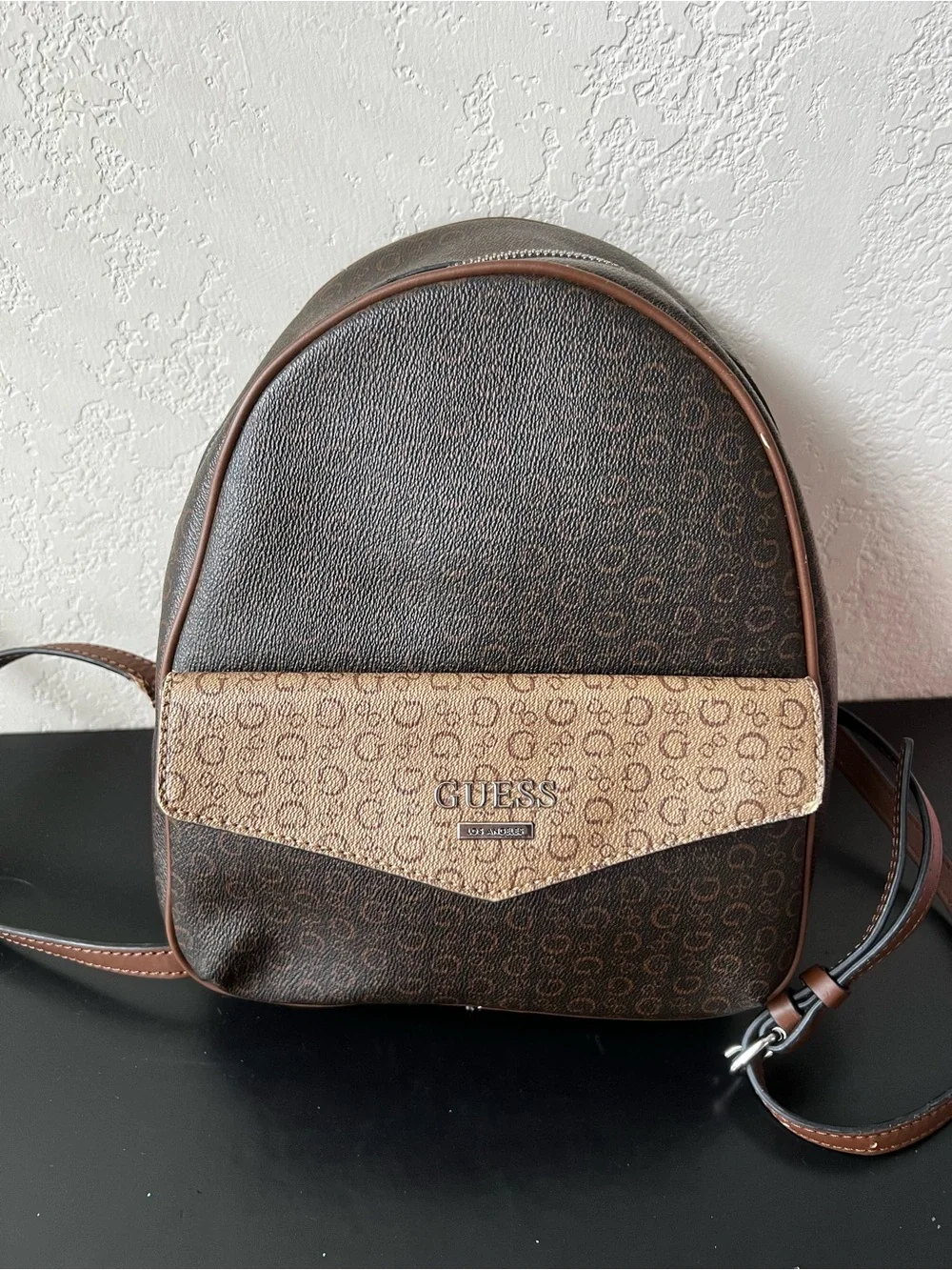 GUESS Two-Tone Logo Mini Backpack in Dark Brown and Tan
